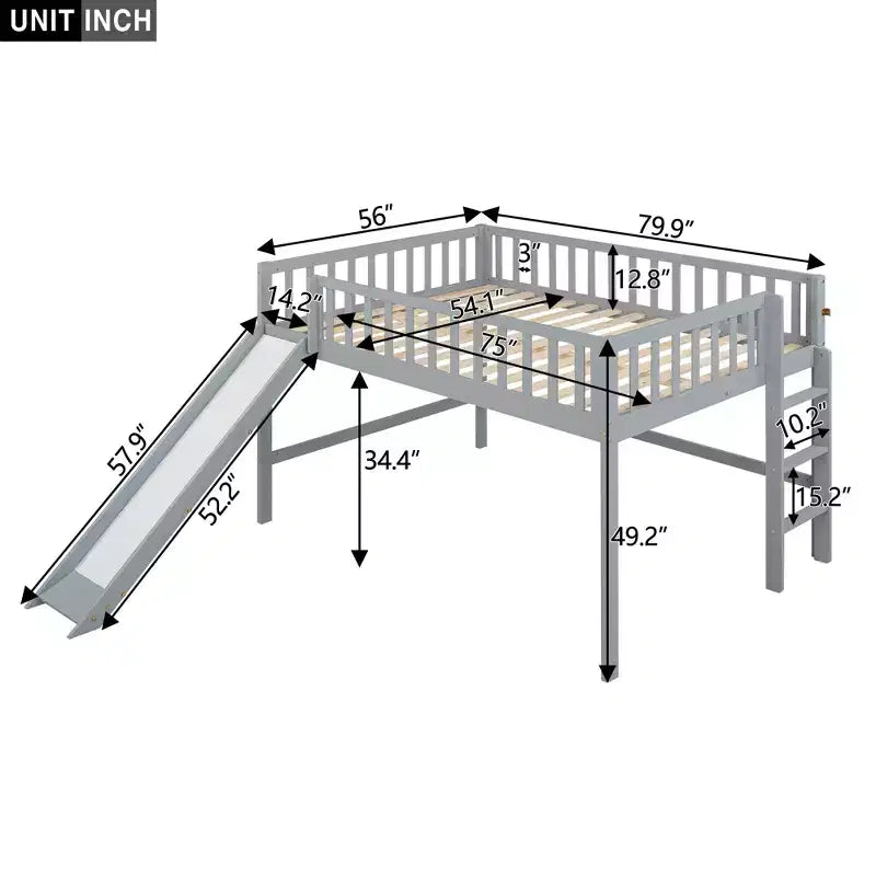 Letto a soppalco basso grigio/bianco con scivolo e sponda, per bambini singolo/matrimoniale, 1 posto letto