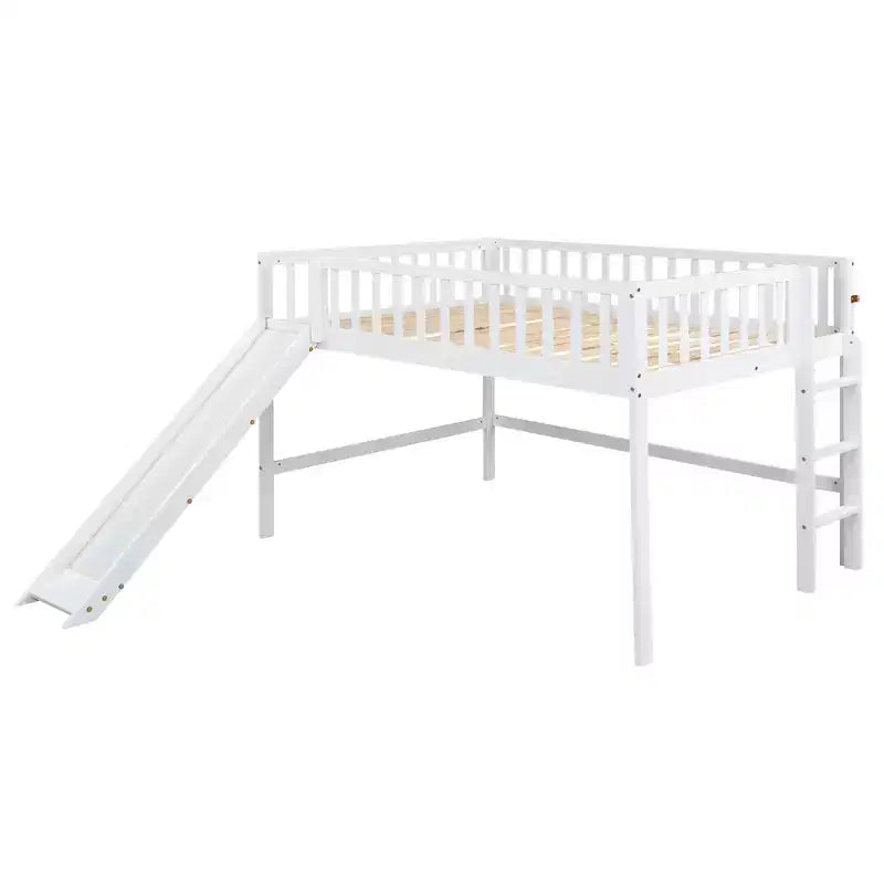 Letto a soppalco basso grigio/bianco con scivolo e sponda, per bambini singolo/matrimoniale, 1 posto letto