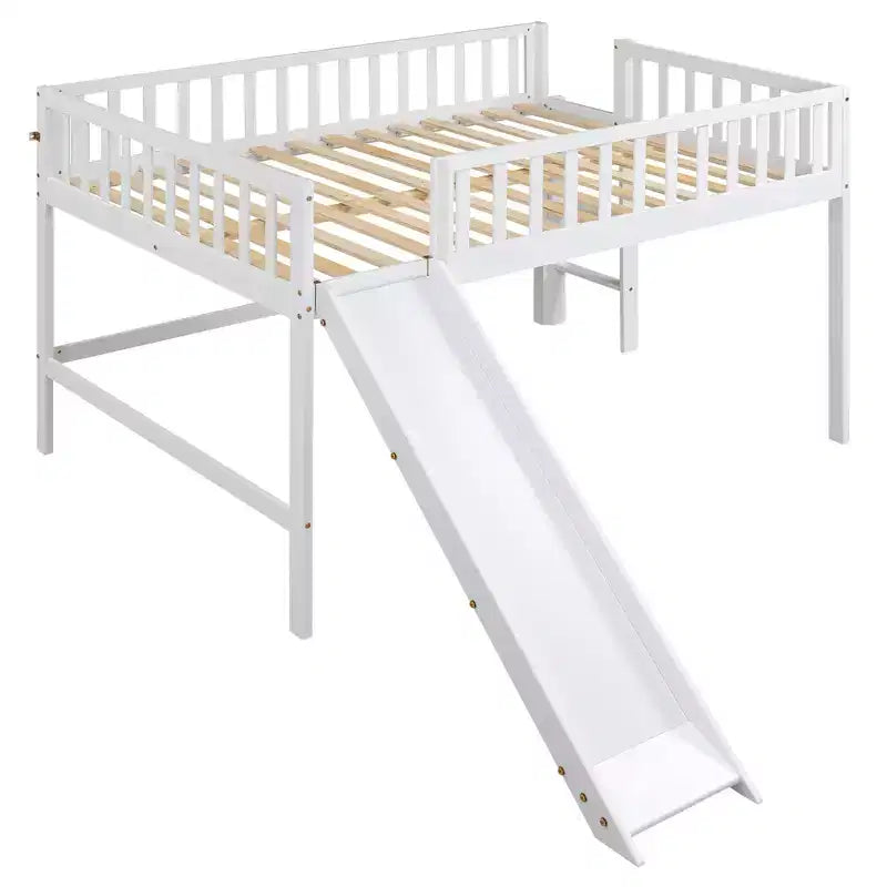 Letto a soppalco basso grigio/bianco con scivolo e sponda, per bambini singolo/matrimoniale, 1 posto letto
