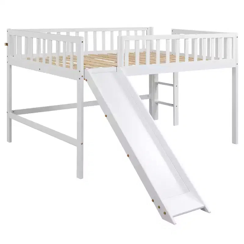 Letto a soppalco basso grigio/bianco con scivolo e sponda, per bambini singolo/matrimoniale, 1 posto letto