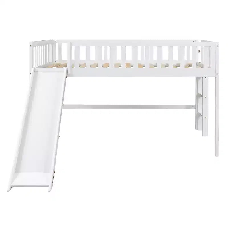 Letto a soppalco basso grigio/bianco con scivolo e sponda, per bambini singolo/matrimoniale, 1 posto letto