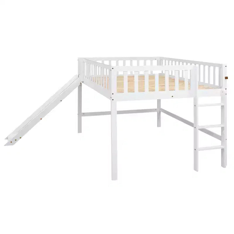 Letto a soppalco basso grigio/bianco con scivolo e sponda, per bambini singolo/matrimoniale, 1 posto letto