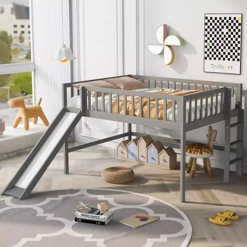 Letto a soppalco basso grigio/bianco con scivolo e sponda, per bambini singolo/matrimoniale, 1 posto letto