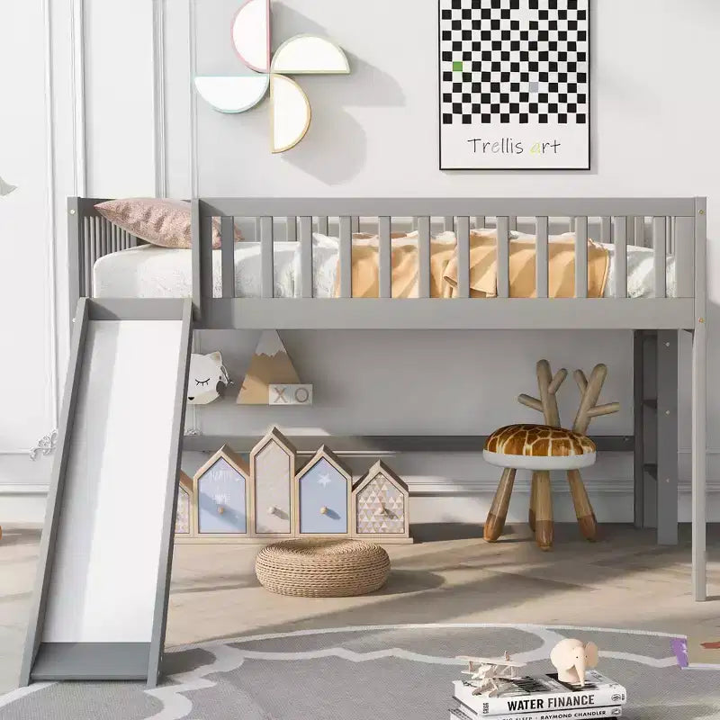 Letto a soppalco basso grigio/bianco con scivolo e sponda, per bambini singolo/matrimoniale, 1 posto letto