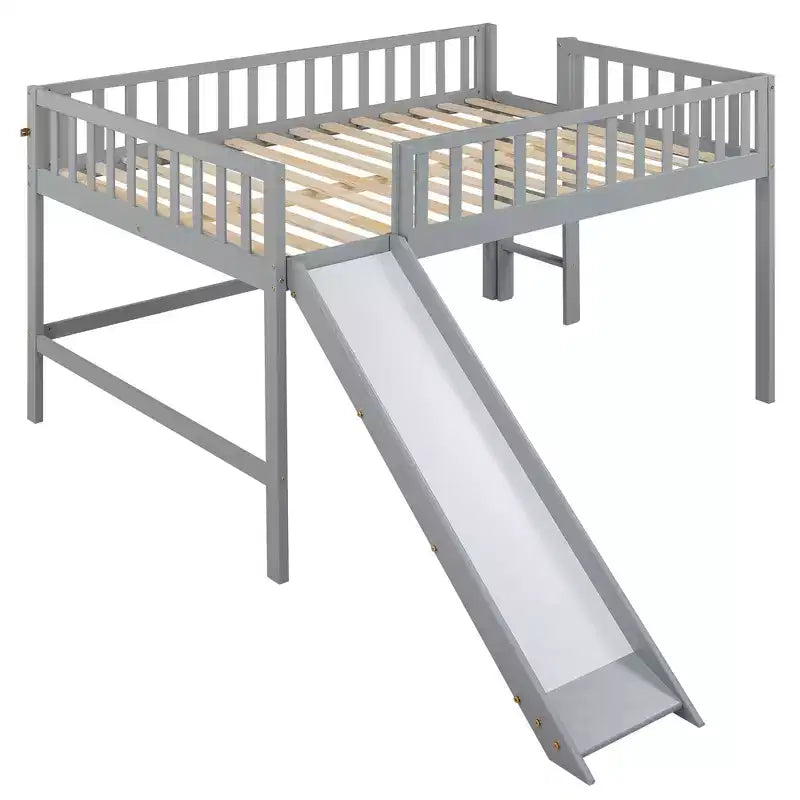 Letto a soppalco basso grigio/bianco con scivolo e sponda, per bambini singolo/matrimoniale, 1 posto letto
