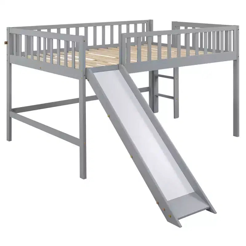 Letto a soppalco basso grigio/bianco con scivolo e sponda, per bambini singolo/matrimoniale, 1 posto letto