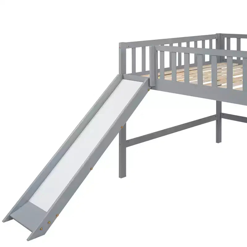 Letto a soppalco basso grigio/bianco con scivolo e sponda, per bambini singolo/matrimoniale, 1 posto letto