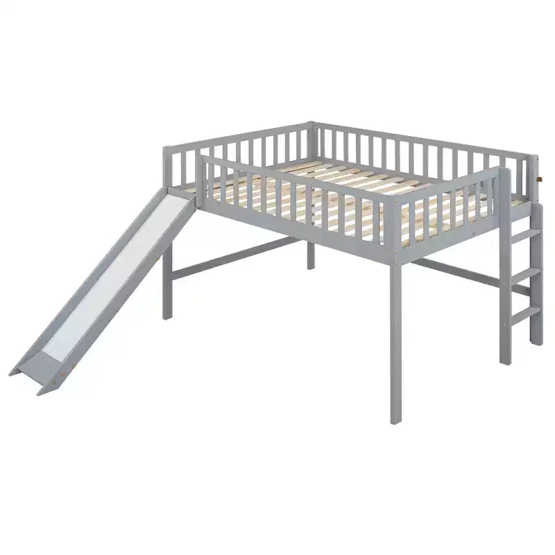 Letto a soppalco basso grigio/bianco con scivolo e sponda, per bambini singolo/matrimoniale, 1 posto letto