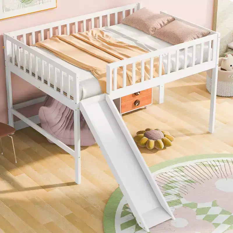 Letto a soppalco basso grigio/bianco con scivolo e sponda, per bambini singolo/matrimoniale, 1 posto letto