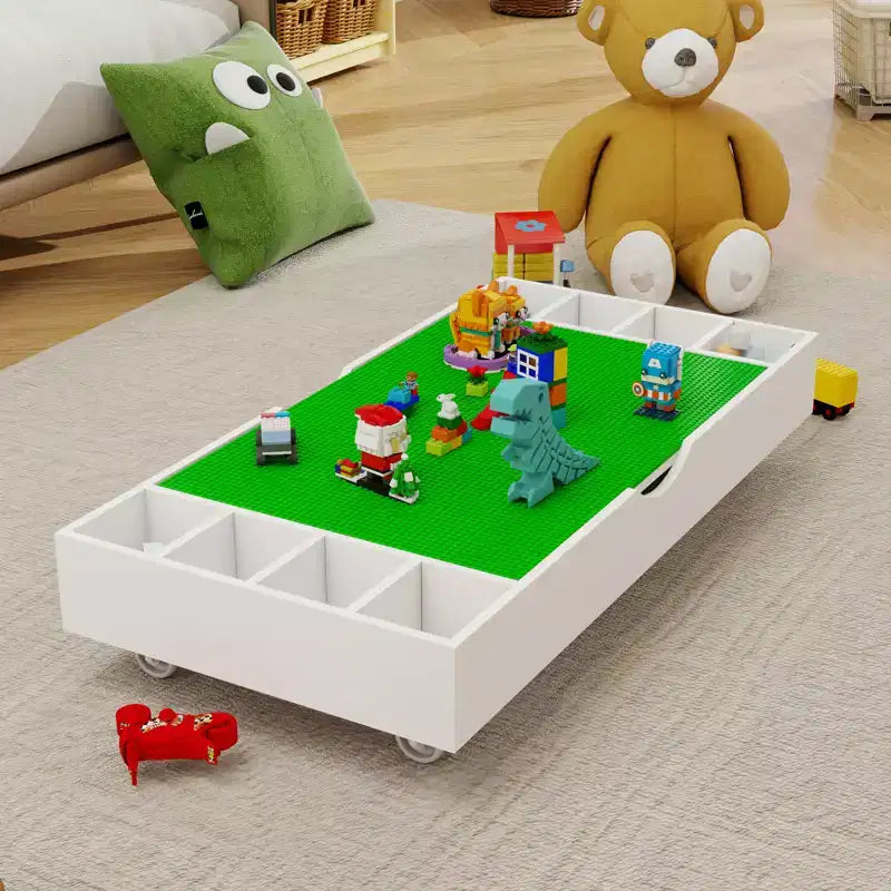 Tavolo da gioco 2-in-1 bianco con ruote e contenitore per 1-2 bambini