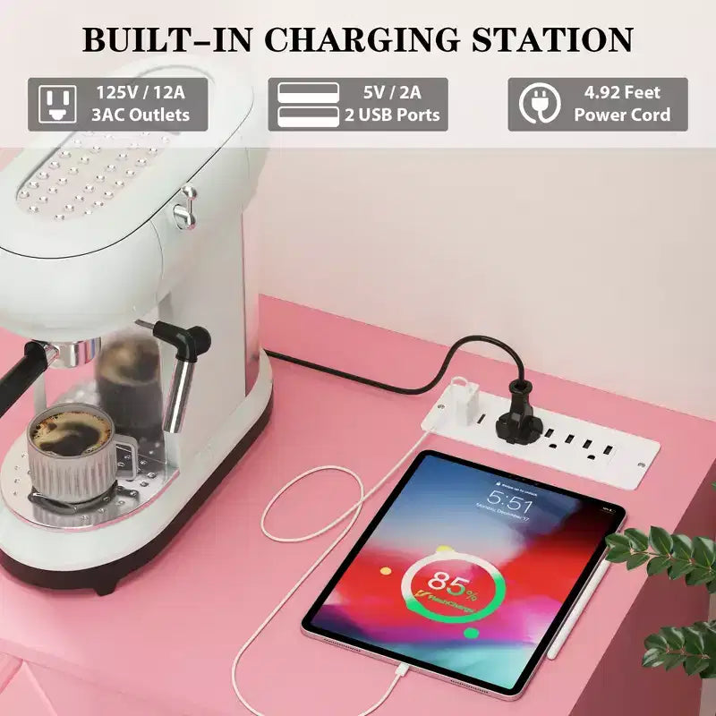 Cassettiera moderna a 9 cassetti con presa di corrente — Nero / Rosa / Bianco, Adatta per 1