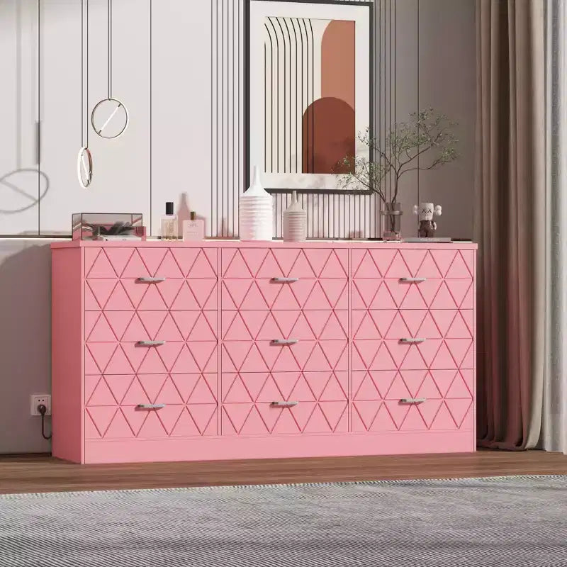 Cassettiera moderna a 9 cassetti con presa di corrente — Nero / Rosa / Bianco, Adatta per 1