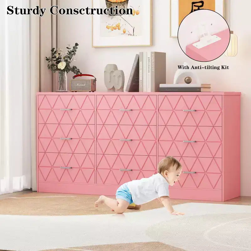 Cassettiera moderna a 9 cassetti con presa di corrente — Nero / Rosa / Bianco, Adatta per 1