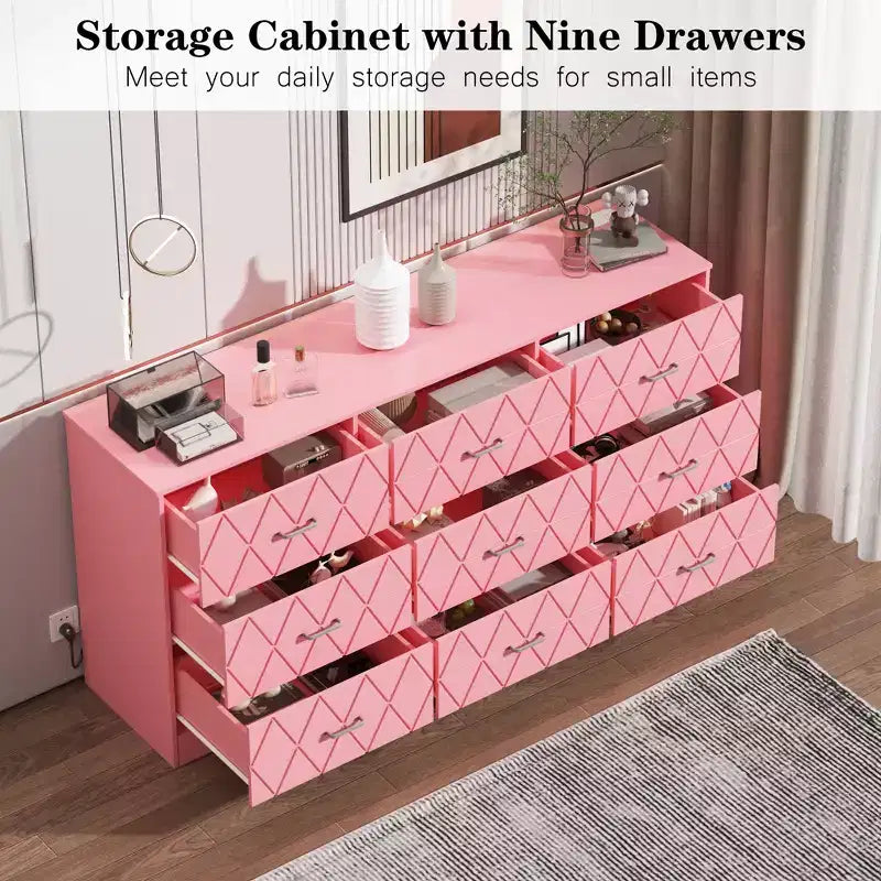 Cassettiera moderna a 9 cassetti con presa di corrente — Nero / Rosa / Bianco, Adatta per 1