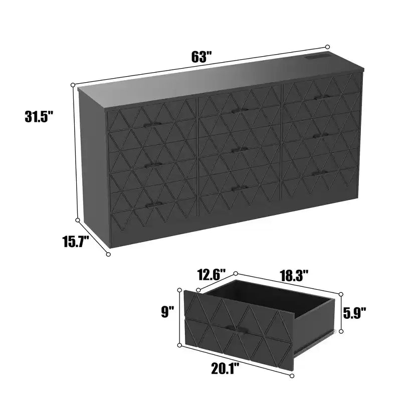Cassettiera moderna a 9 cassetti con presa di corrente — Nero / Rosa / Bianco, Adatta per 1