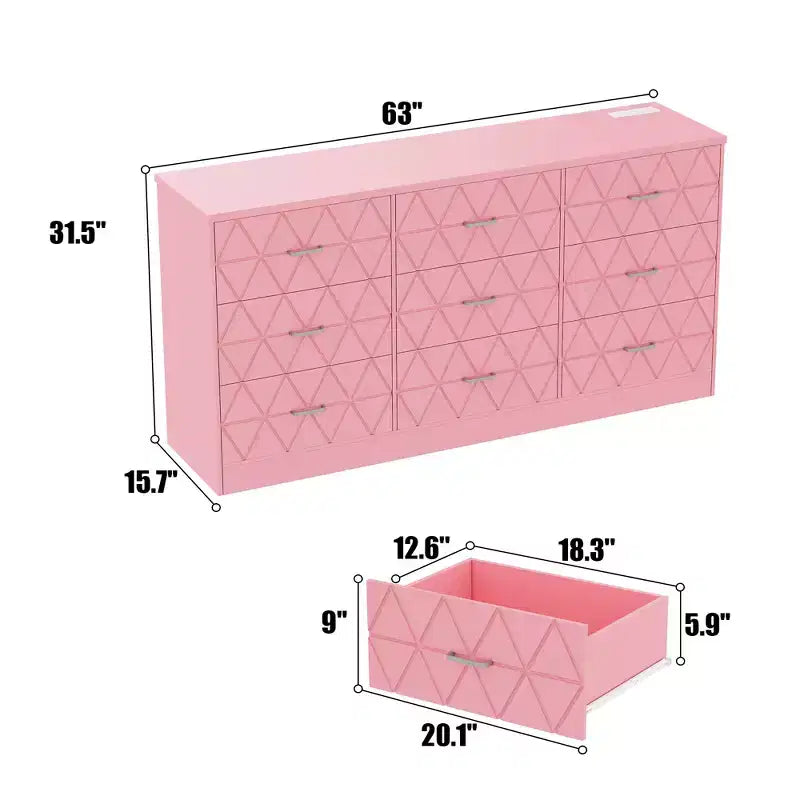 Cassettiera moderna a 9 cassetti con presa di corrente — Nero / Rosa / Bianco, Adatta per 1