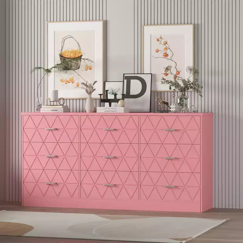 Cassettiera moderna a 9 cassetti con presa di corrente — Nero / Rosa / Bianco, Adatta per 1