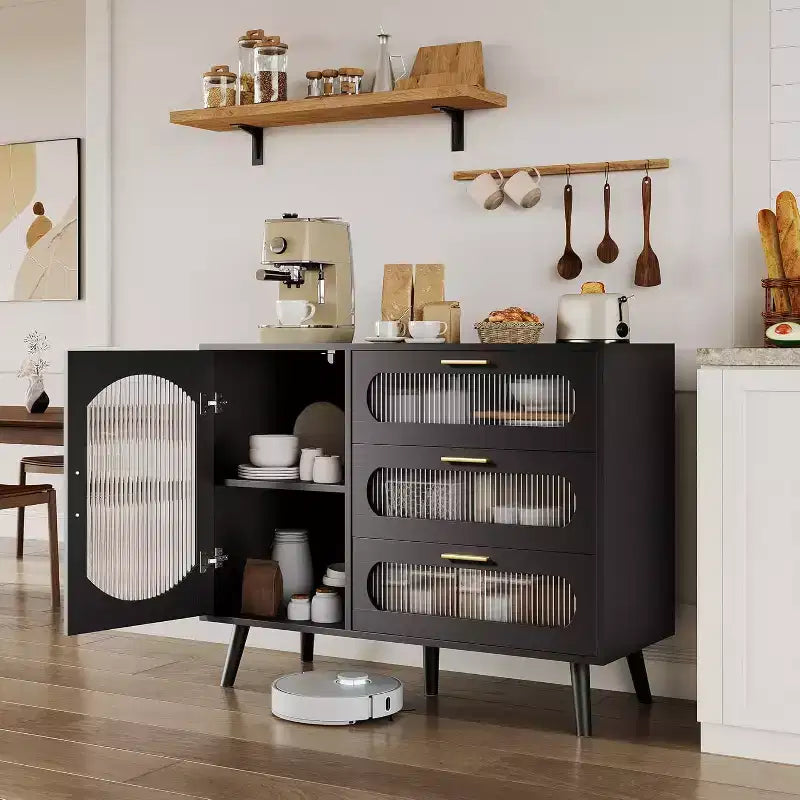 Sideboard with storage, sideboard with recessed glass doors and drawers, black sideboard for kitchen, dining room, living room