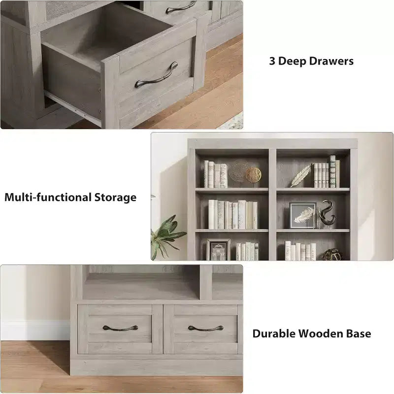 Libreria a 4 ripiani doppia larghezza con 3 cassetti color bianco anticato / avorio chiaro