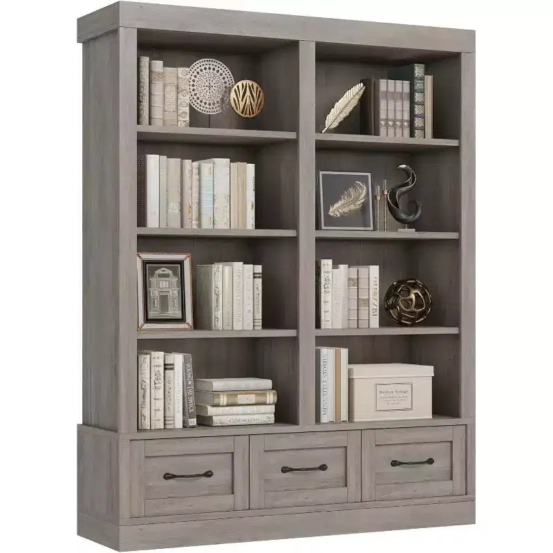 Libreria a 4 ripiani doppia larghezza con 3 cassetti color bianco anticato / avorio chiaro