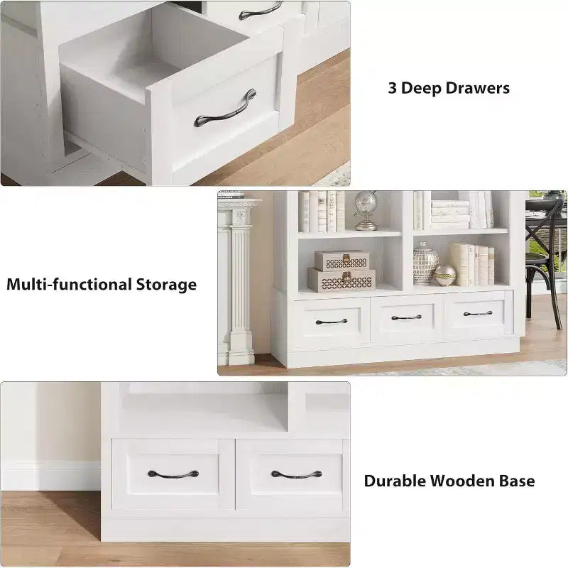 Libreria a 4 ripiani doppia larghezza con 3 cassetti color bianco anticato / avorio chiaro