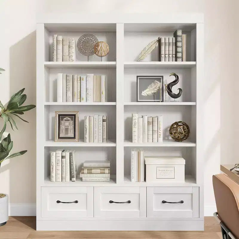 Libreria a 4 ripiani doppia larghezza con 3 cassetti color bianco anticato / avorio chiaro