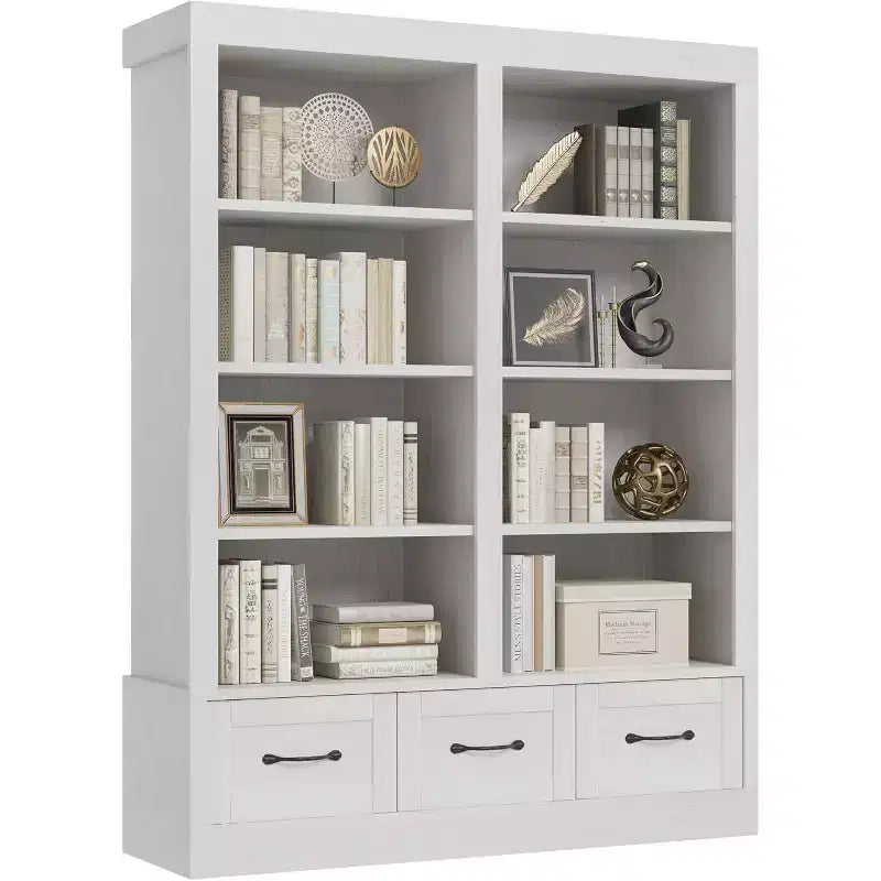 Libreria a 4 ripiani doppia larghezza con 3 cassetti color bianco anticato / avorio chiaro