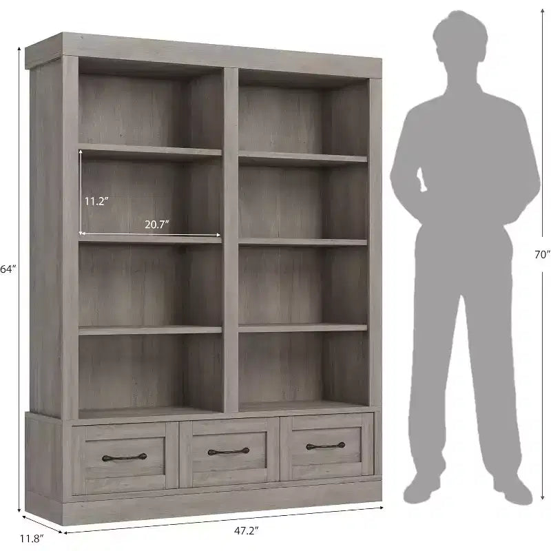Libreria a 4 ripiani doppia larghezza con 3 cassetti color bianco anticato / avorio chiaro
