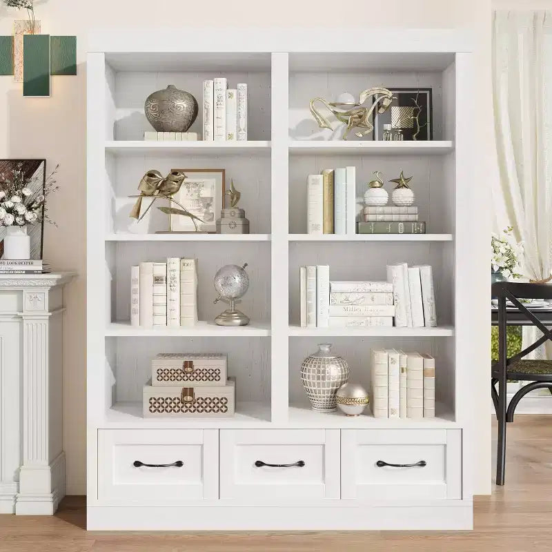 Acekool Bookcase 64 Tall Double-Wide 4-Tier Shelf with 3 Drawers, Deep Storage for Living Room, Office, Bedroom, 47.2W x 11.8D