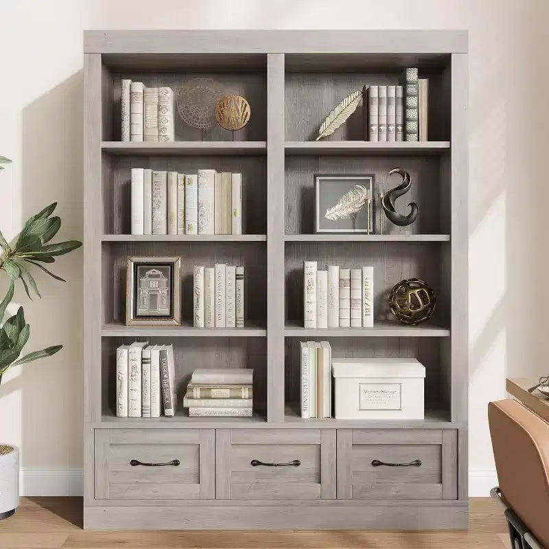 Libreria a 4 ripiani doppia larghezza con 3 cassetti color bianco anticato / avorio chiaro