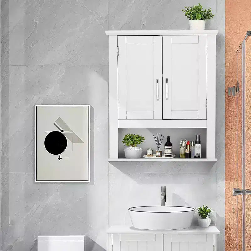Mobiletto da bagno a parete bianco con 2 ante e ripiano regolabile