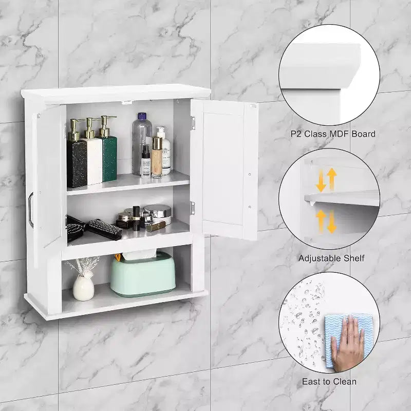 Mobiletto da bagno a parete bianco con 2 ante e ripiano regolabile
