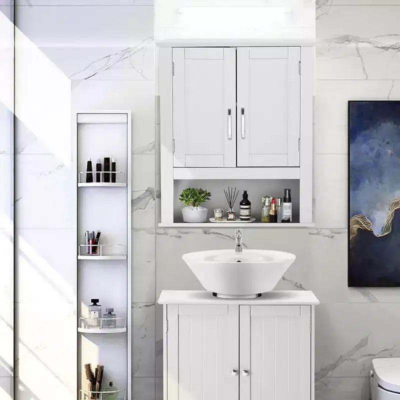 Mobiletto da bagno a parete bianco con 2 ante e ripiano regolabile