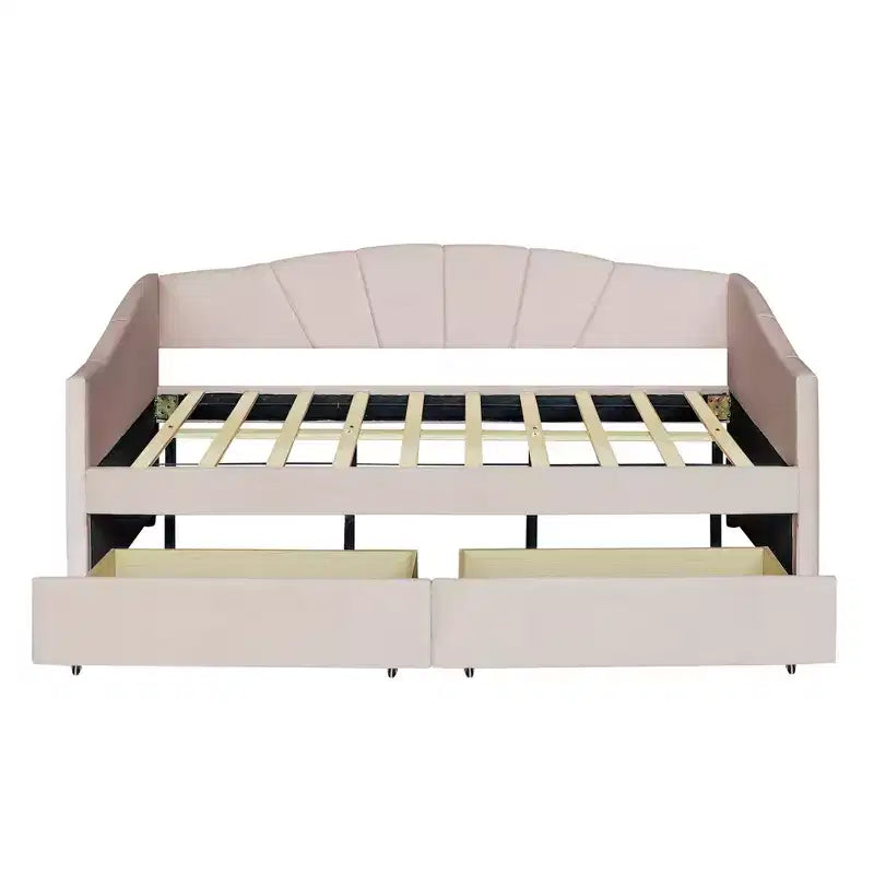 Divano letto matrimoniale a L in velluto beige/grigio con cassetti portaoggetti, 2 posti a sedere