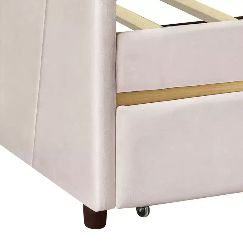 Divano letto matrimoniale a L in velluto beige/grigio con cassetti portaoggetti, 2 posti a sedere
