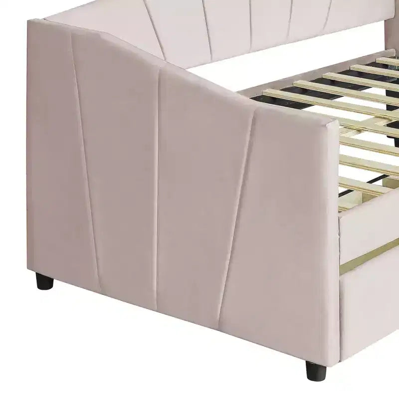 Divano letto matrimoniale a L in velluto beige/grigio con cassetti portaoggetti, 2 posti a sedere