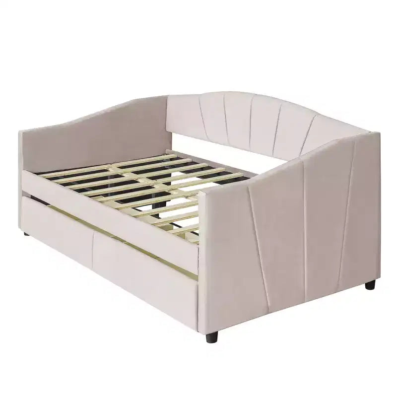 Divano letto matrimoniale a L in velluto beige/grigio con cassetti portaoggetti, 2 posti a sedere