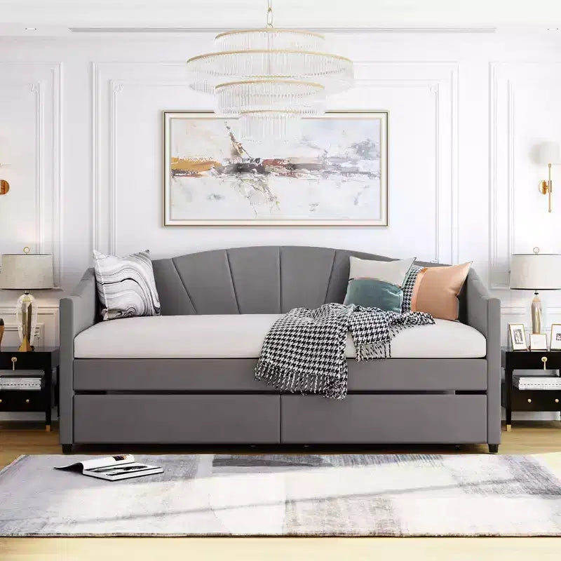 Divano letto matrimoniale a L in velluto beige/grigio con cassetti portaoggetti, 2 posti a sedere