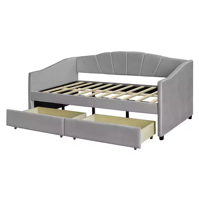 Divano letto matrimoniale a L in velluto beige/grigio con cassetti portaoggetti, 2 posti a sedere