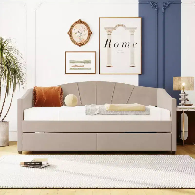 Divano letto matrimoniale a L in velluto beige/grigio con cassetti portaoggetti, 2 posti a sedere