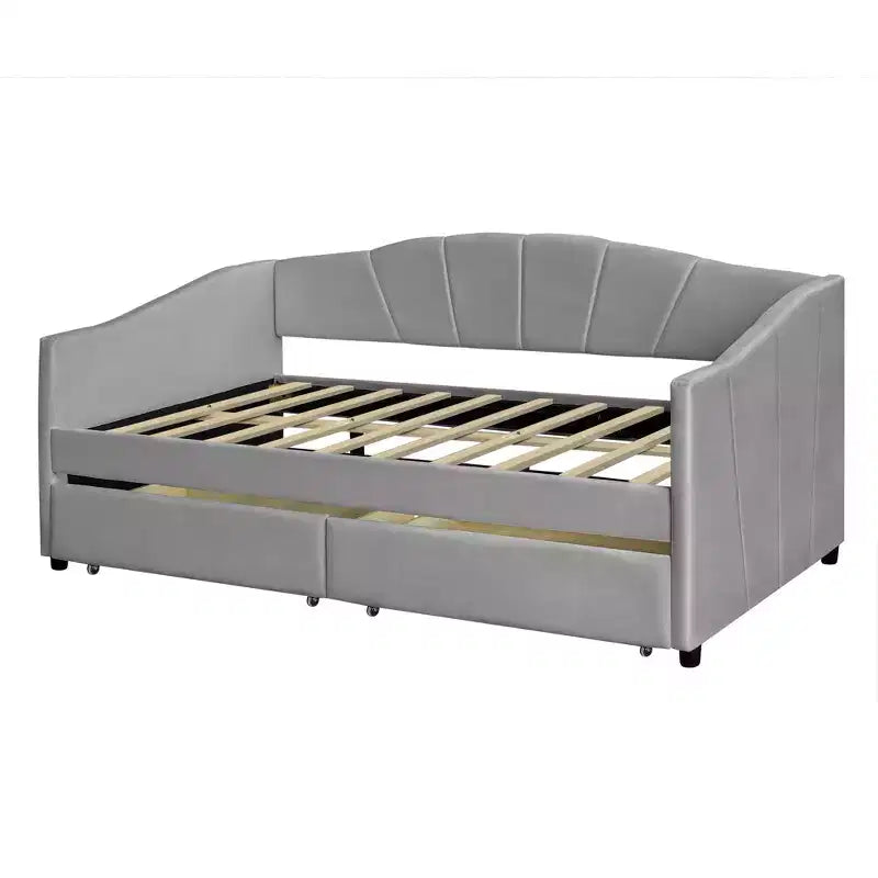 Divano letto matrimoniale a L in velluto beige/grigio con cassetti portaoggetti, 2 posti a sedere