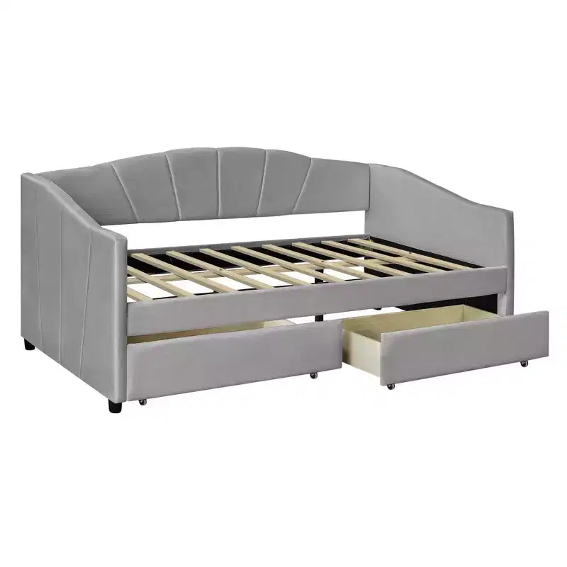Divano letto matrimoniale a L in velluto beige/grigio con cassetti portaoggetti, 2 posti a sedere