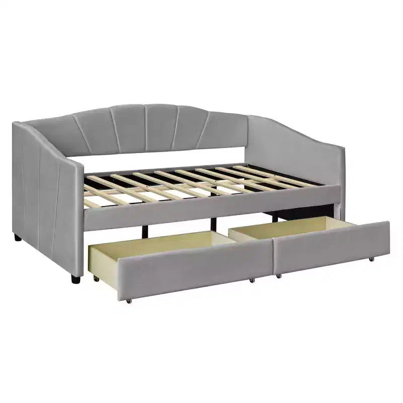 Divano letto matrimoniale a L in velluto beige/grigio con cassetti portaoggetti, 2 posti a sedere