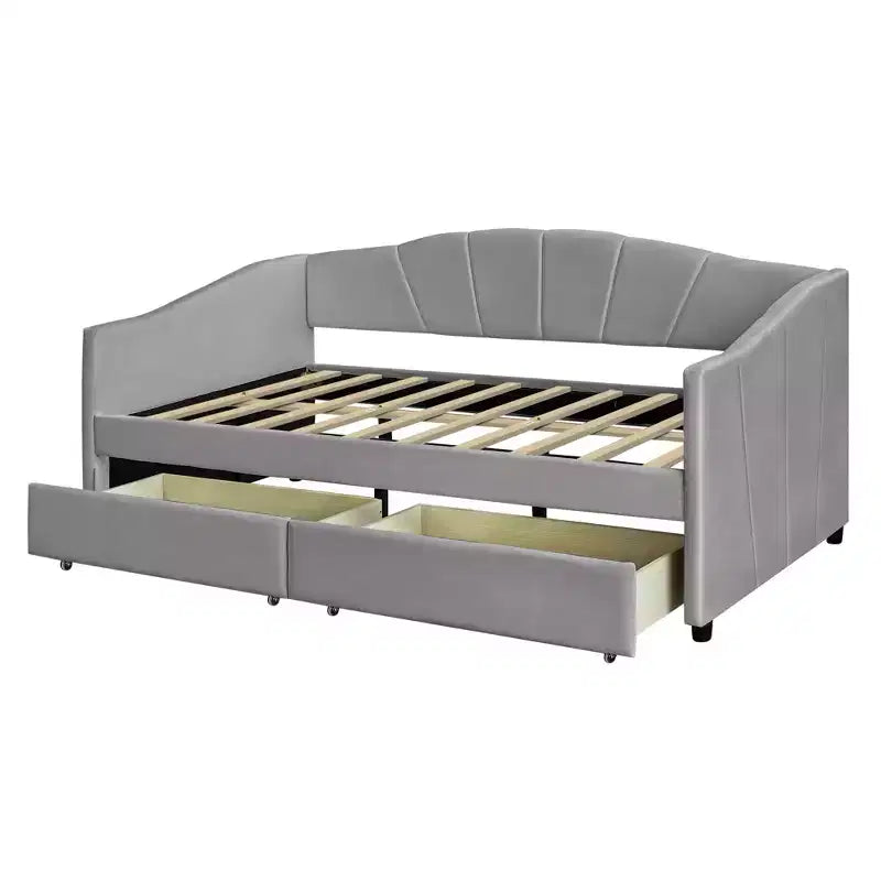 Divano letto matrimoniale a L in velluto beige/grigio con cassetti portaoggetti, 2 posti a sedere