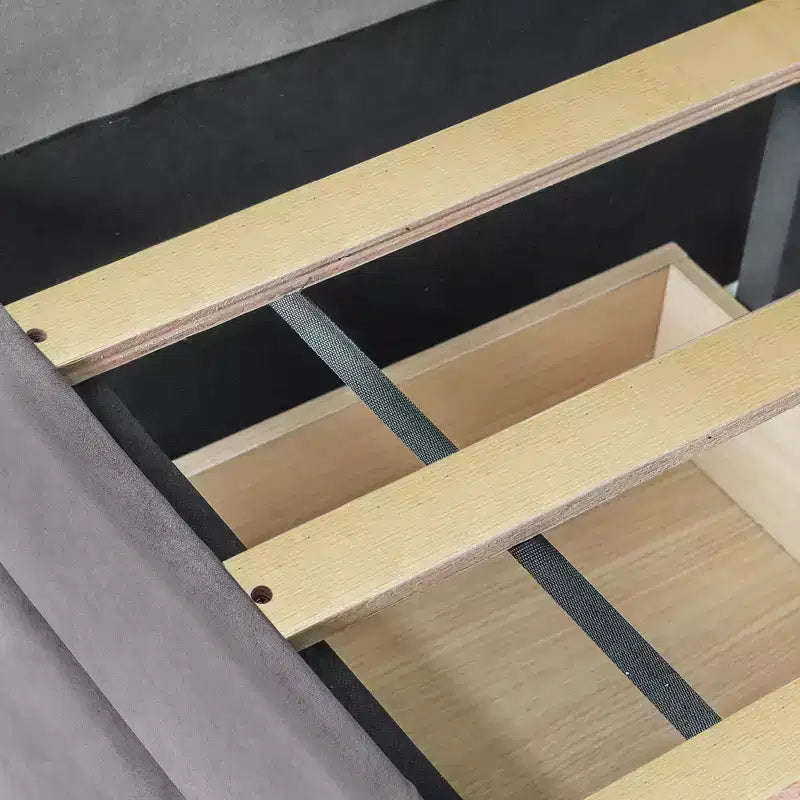 Divano letto matrimoniale a L in velluto beige/grigio con cassetti portaoggetti, 2 posti a sedere