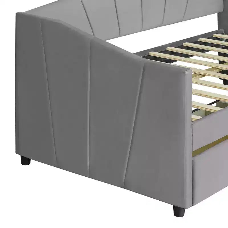 Divano letto matrimoniale a L in velluto beige/grigio con cassetti portaoggetti, 2 posti a sedere