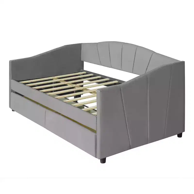 Divano letto matrimoniale a L in velluto beige/grigio con cassetti portaoggetti, 2 posti a sedere