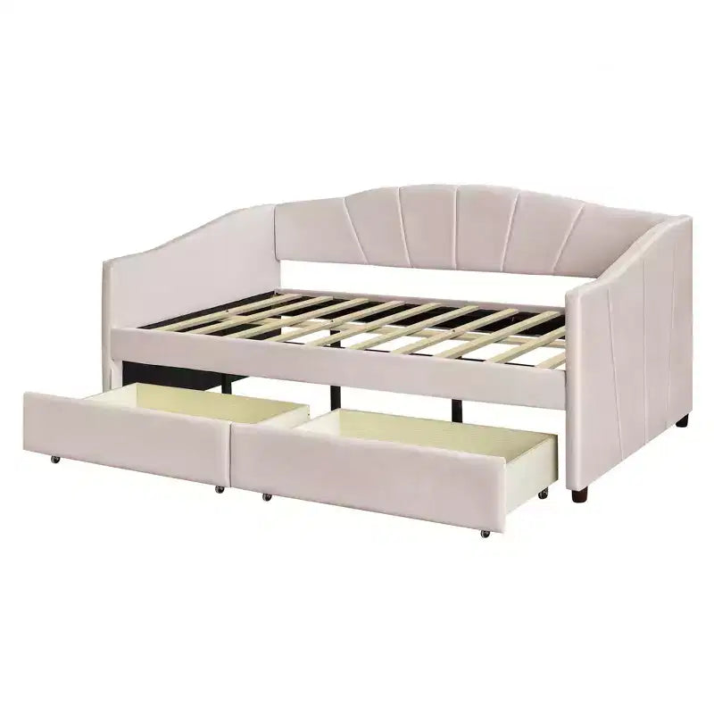 Divano letto matrimoniale a L in velluto beige/grigio con cassetti portaoggetti, 2 posti a sedere