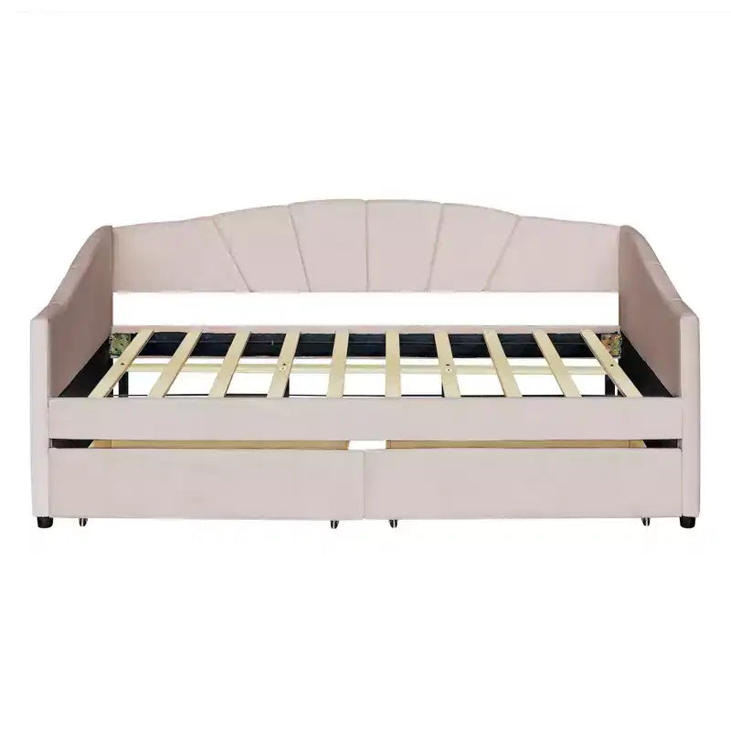 Divano letto matrimoniale a L in velluto beige/grigio con cassetti portaoggetti, 2 posti a sedere