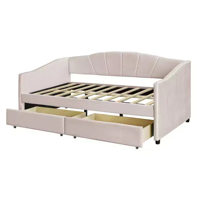 Divano letto matrimoniale a L in velluto beige/grigio con cassetti portaoggetti, 2 posti a sedere